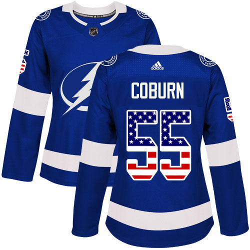 Adidas Tampa Bay Lightning #55 Braydon Coburn Blue Home Authentic USA Flag Women Stitched NHL Jersey